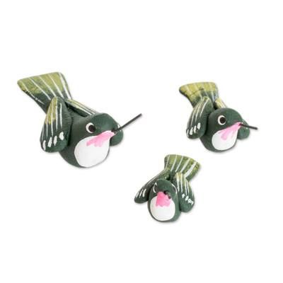 Hummingbird Family,'Set of 3 Hummingbird Ceramic Figurines from Guatemala'