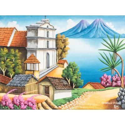 'San Antonio Palopo I' Guatemalan Landscape Scene in Oil on Canvas