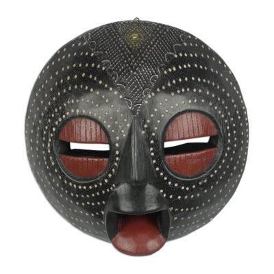 Ntiasea Face,'African Sese Wood and Aluminum Mask in Black from Ghana'