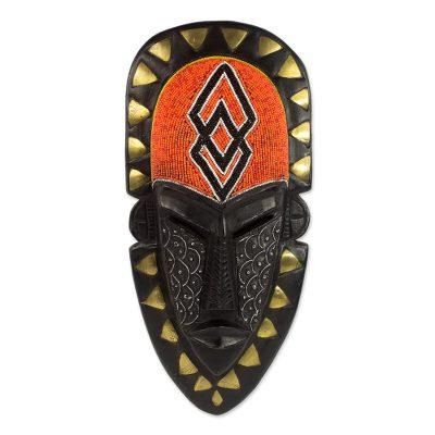 Hand Crafted African Wood Mask with Beads and Brass Accents 'Fearless Warrior'