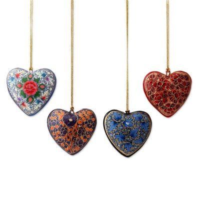 Bouquet of Hearts,'4 Artisan Crafted Papier Mache Ornaments Flower Hearts Set'