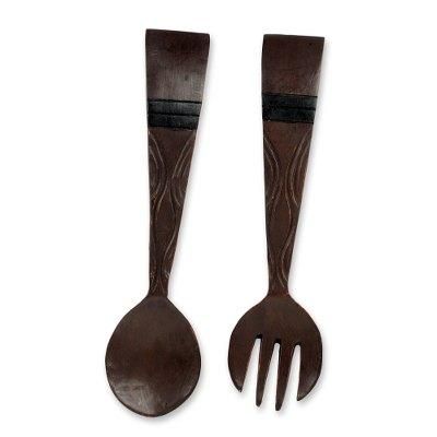 Wood wall adornments, 'Fork and Spoon' (pair)