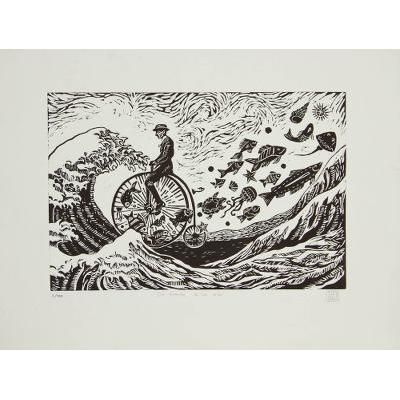 Facing the Wave,'Surreal Man on Bike with Fish Etched Print Limited Edition'