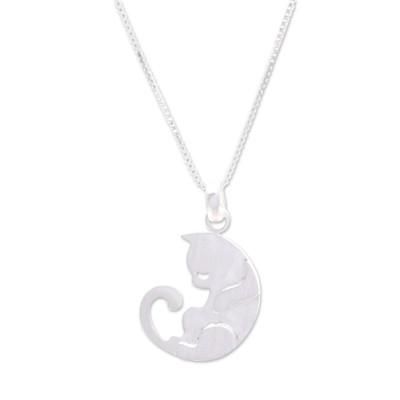 Lazy Cat,'925 Silver Cat Pendant Necklace with Brushed-Satin Finish'
