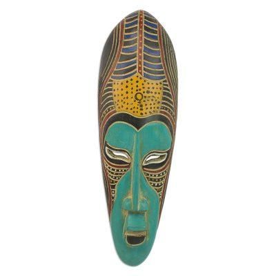 Blue Akoni,'Hand Carved Rubberwood Blue Akoni Warrior Mask from Ghana'