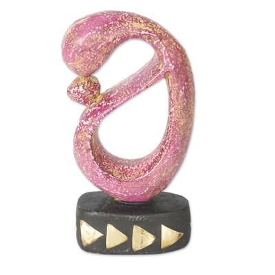 'Brass-Accented Hand-Painted Mother and Child Wood Sculpture'