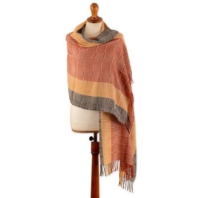 Deserts,'Hand-Woven Striped Orange and Yellow 100% Baby Alpaca Shawl'