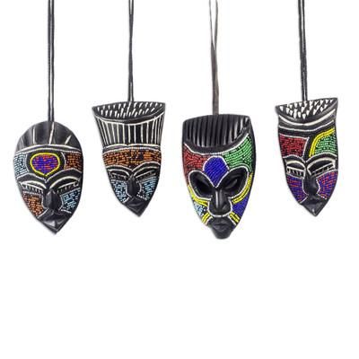 Melowo,'Hand Crafted Beaded Wood Small African Masks (Set of 3)'