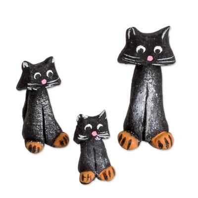 'Set of 3 Hand-painted Black Cat-shaped Ceramic Figurines'