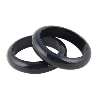 Charcoal Duo,'Haldu Wood Bangle Bracelets in Charcoal from India (Pair)'