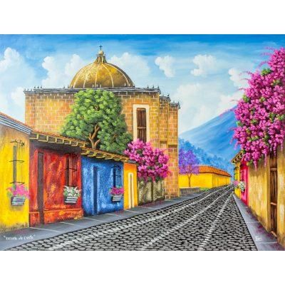 School of Christ Church Barrio,'Signed Painting of a Guatemalan Street in Jewel Colors'