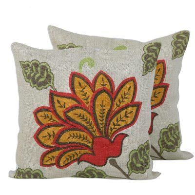 Radiant Bloom,'Pair of Floral Printed Jute Cushion Covers from India'