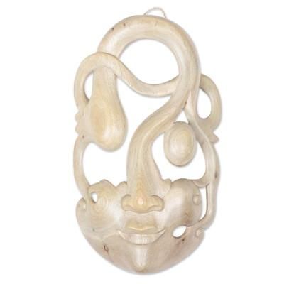 Wood mask, 'Introspection' - Handcrafted Carved Hibiscus Wood Mask