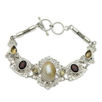 Kintamani Lady,'Balinese Pearl and Gemstone Silver Lace Bracelet'