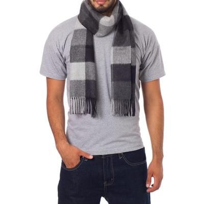 'Gray Squared' - Hand Crafted Men's Alpaca Wool Patterned Scarf