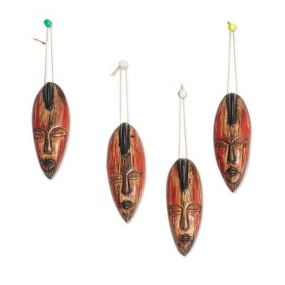 Intense Facets,'Set of 4 Handcrafted Black and Red Sese Wood Ornaments'