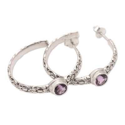 'Traditional Half-Hoop Earrings with Faceted Amethyst Gems'