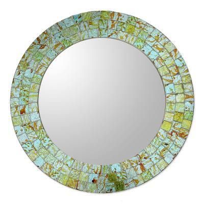Aqua Splash,'Aqua and Lime Round Glass Mosaic Mirror from India'