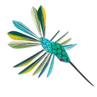 Jungle Plumage,'Hand-Painted Green Copal Wood Alebrije Bird Ornament'