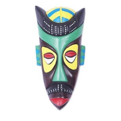 'Hand-Painted African Wood Mask in Black Green Yellow & Red'
