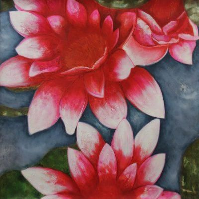 Cheerful Radiance,'Red Lotus Blossoms Original Fine Art Painting'