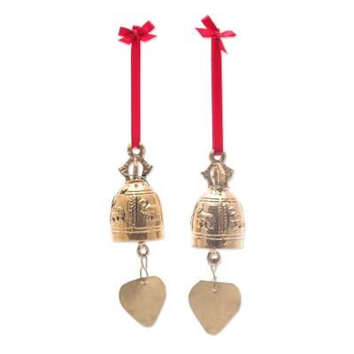 Elephant Tune,'Pair of Brass Bell Ornaments with Elephants and Red Ribbons'