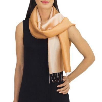 Rayon and silk blend scarf, 'Caramel Shimmer'
