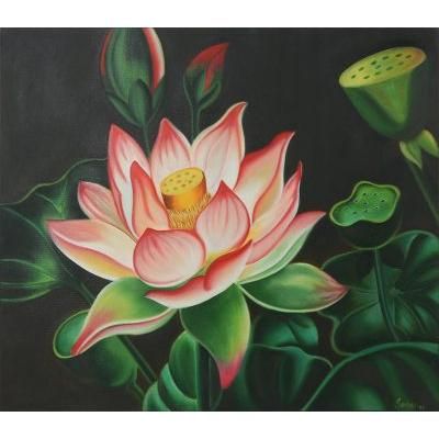 Lotus Pond,'Signed Unstretched Impressionist Oil Painting of Lotus Bloom'