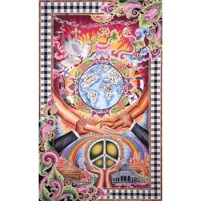 Peace in the World,'Batik Expressionist Painting with Vibrant Multicolor Palette'
