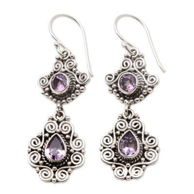 Garden Charm,'Amethyst Dangle Earrings with Ornate Sterling Settings'