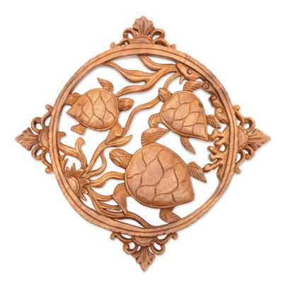 'Hand-Carved Suar Wood Turtle-Themed Relief Panel from Bali'