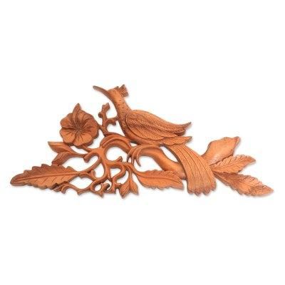 'Hand-Carved Suar Wood Balinese Myna Bird Relief Panel'