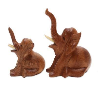 Play Date,'Hand Carved Suar Wood Elephant Statuettes (Pair)'