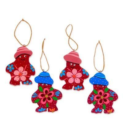 Wood ornaments, 'Happy Snowmen' (set of 4)