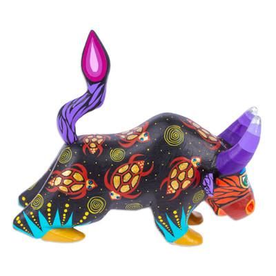 Sea Bull,'Hand-Painted Colorful Wood Alebrije Bull Figurine in Black'