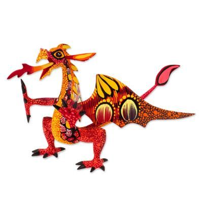 Copal Wood Dragon Alebrije Sculpture in Red and Orange 'Mexican Dragon in Red'