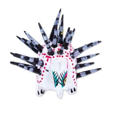 'Hand-Painted Wood Alebrije Porcupine Figurine in White'