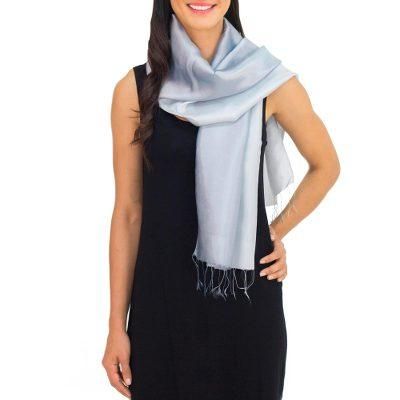 Rayon and silk blend scarf, 'Silver Shimmer'