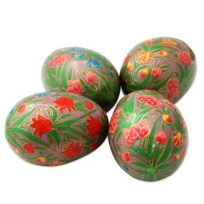 Colorful Blooms,'Artisan Crafted Papier Mache Eggs Hand Painted Set of 4'