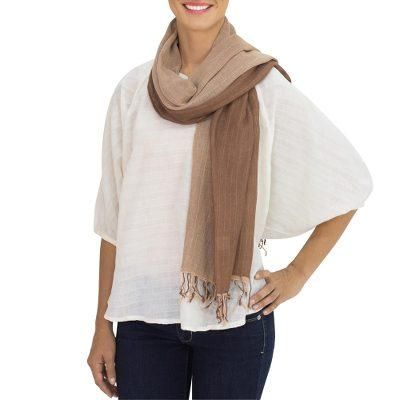 Cotton reversible scarf, 'Brown Beige Duet'