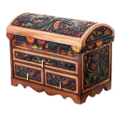 Antique Treasure,'Multicolor Wood and Leather Jewelry Box from Peru'