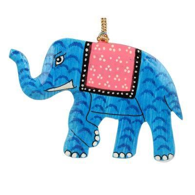 'Hand-Painted Blue Elephant Wood Ornaments (Set of 3)'