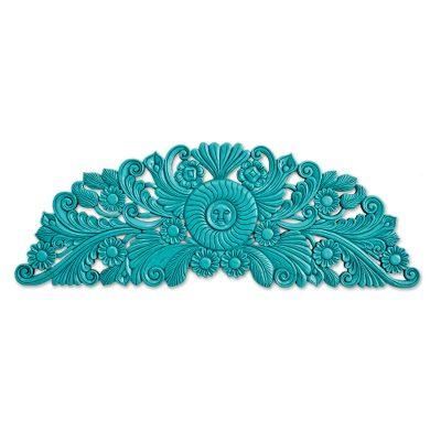 'Hand-Carved Floral Wood Relief Panel in Blue from Guatemala'
