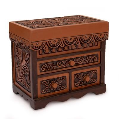 Cedar and leather jewelry box, 'Avian Haven' (large)