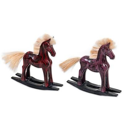 Red and Purple Horses,'Hand Made Wood Sculptures Rocking Horses (Pair) Indonesia'