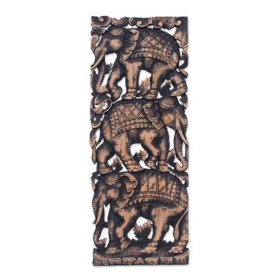 Elephant Parade II,'Elephants on Teakwood Wall Panel from Thailand'