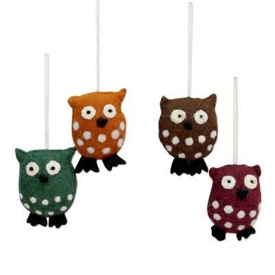 Wool felt ornaments, 'Holiday Hoots' (set of 4)