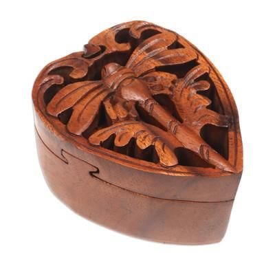 'Suar Wood Hand-carved Puzzle Box with Dragonfly Motif'