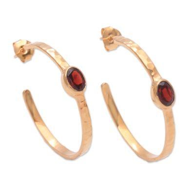 Paradox,'18k Gold Plated Garnet Hammered Half-Hoop Earrings'