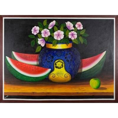Flowers and Watermelon,'Still Life Painting of Watermelon and Flowers Guatemala Art'